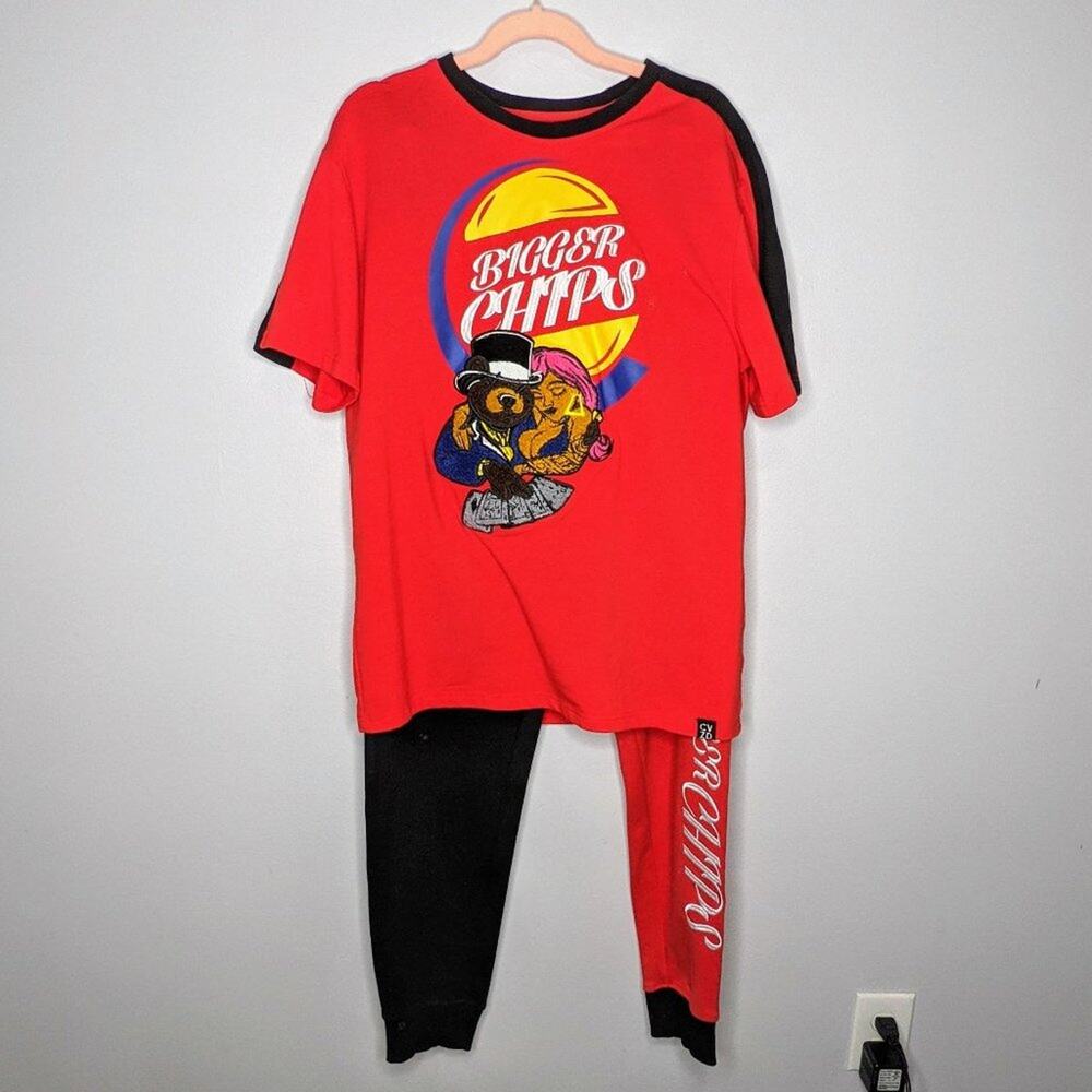 CivilizeD Men's Red Black Bigger Chips Bear T-Shirt and Jogger Set Size M